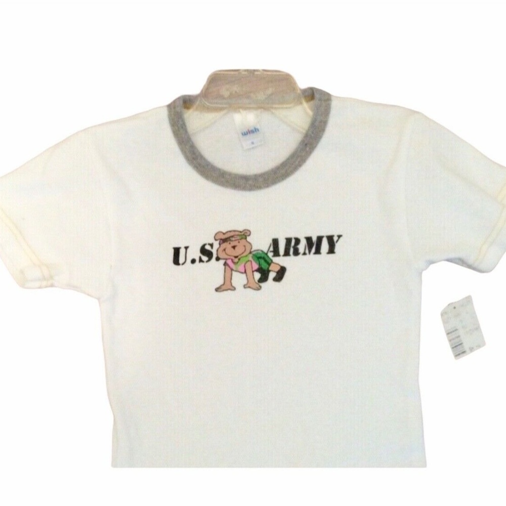 NWT Wish Small S 4 Girls White Short Sleeve Top Shirt US Army New
